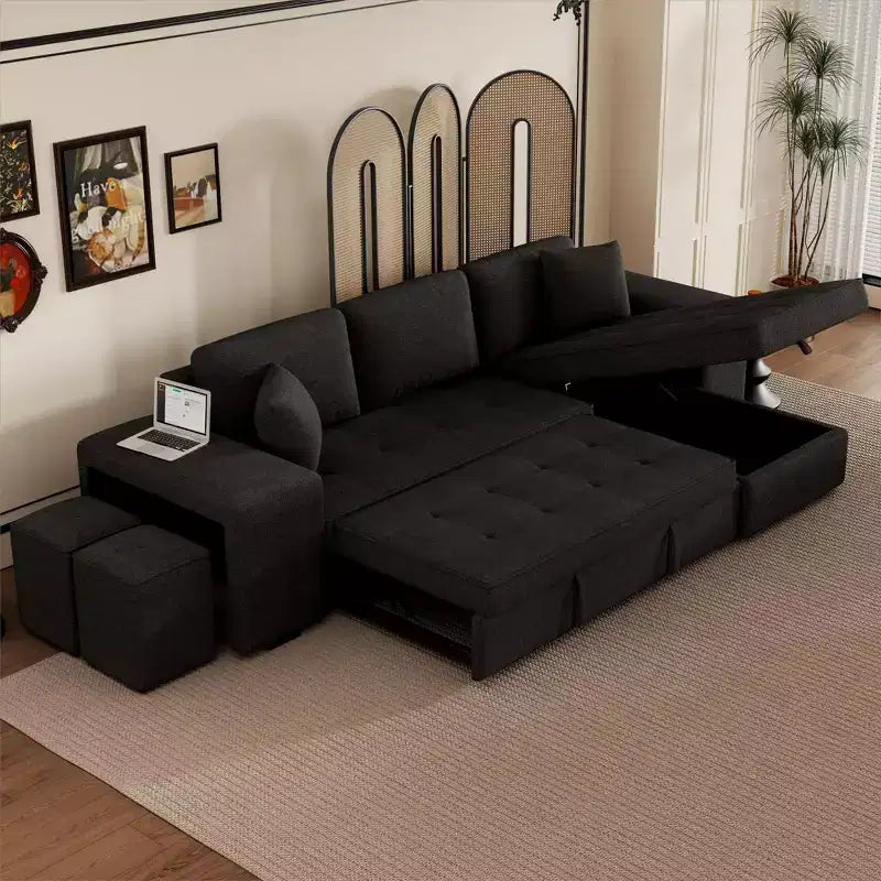 104.5 Reversible L-Shape Sectional Sleeper Sofa with Storage Chaise & 2 Stools - Convertible 3-Seat Sofa Bed for Living Room