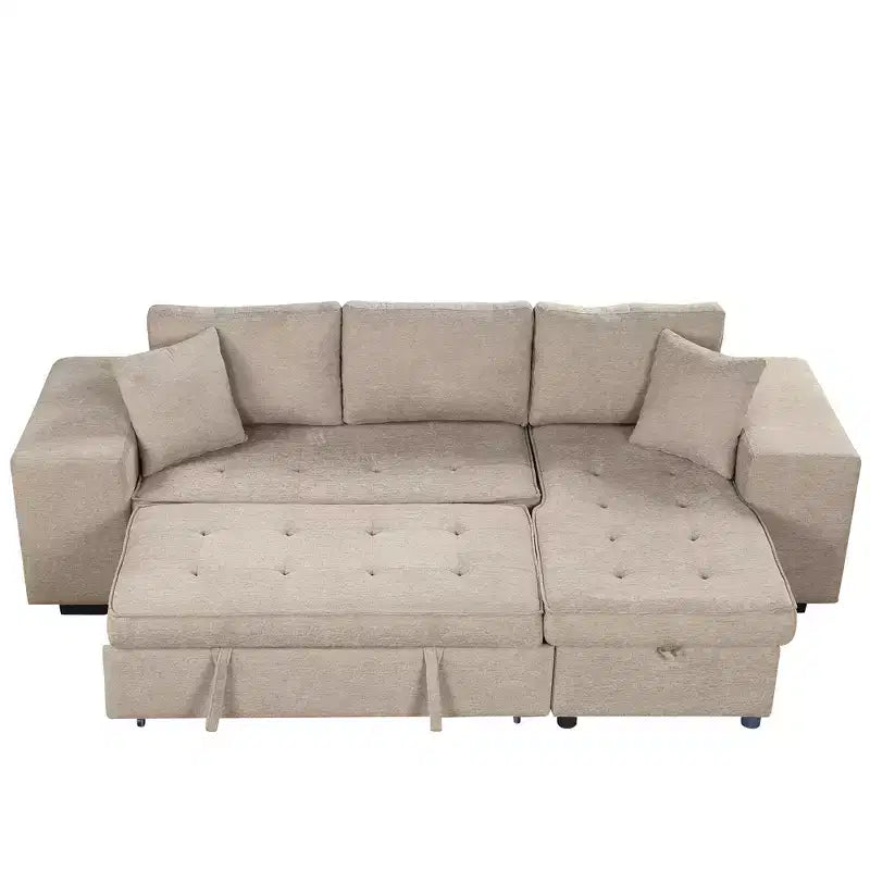 104.5 Reversible L-Shape Sectional Sleeper Sofa with Storage Chaise & 2 Stools - Convertible 3-Seat Sofa Bed for Living Room