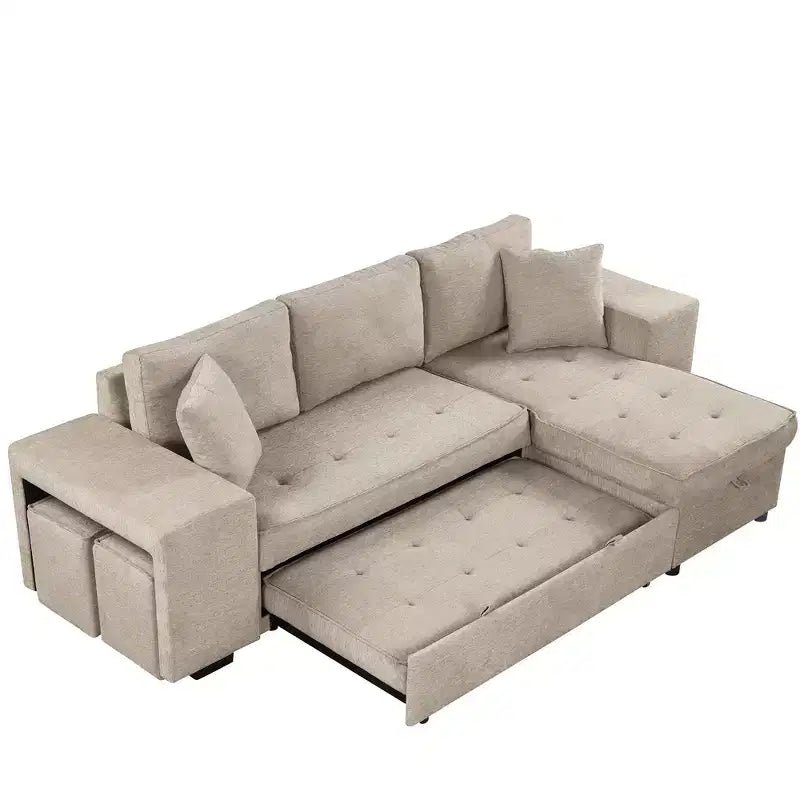 104.5 Reversible L-Shape Sectional Sleeper Sofa with Storage Chaise & 2 Stools - Convertible 3-Seat Sofa Bed for Living Room