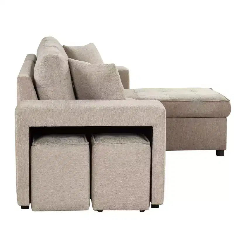 104.5 Reversible L-Shape Sectional Sleeper Sofa with Storage Chaise & 2 Stools - Convertible 3-Seat Sofa Bed for Living Room