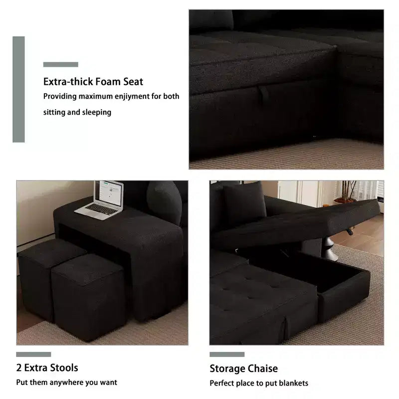 104.5 Reversible L-Shape Sectional Sleeper Sofa with Storage Chaise & 2 Stools - Convertible 3-Seat Sofa Bed for Living Room