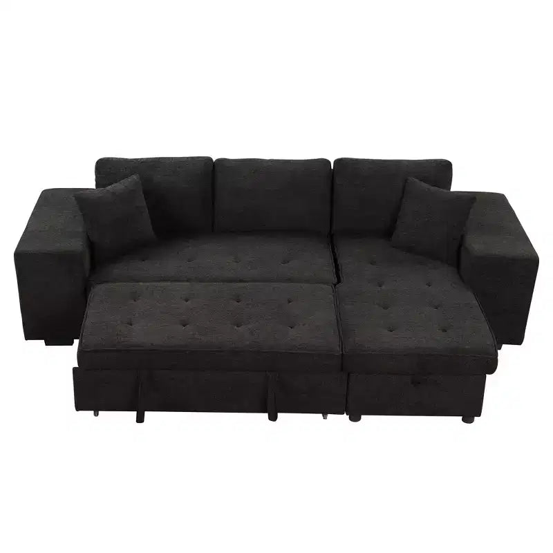 104.5 Reversible L-Shape Sectional Sleeper Sofa with Storage Chaise & 2 Stools - Convertible 3-Seat Sofa Bed for Living Room