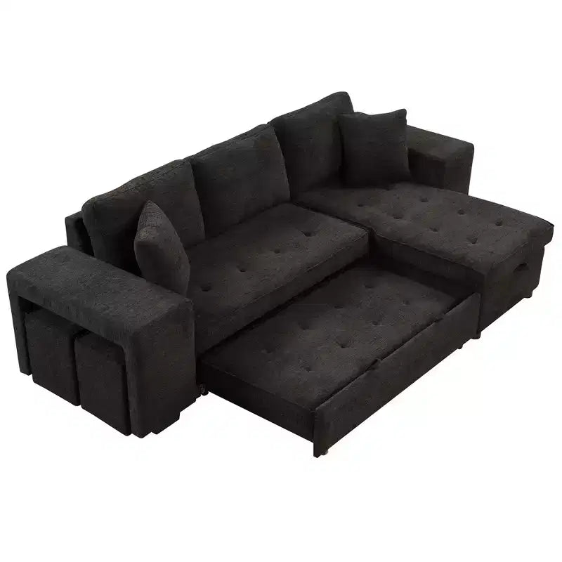 104.5 Reversible L-Shape Sectional Sleeper Sofa with Storage Chaise & 2 Stools - Convertible 3-Seat Sofa Bed for Living Room