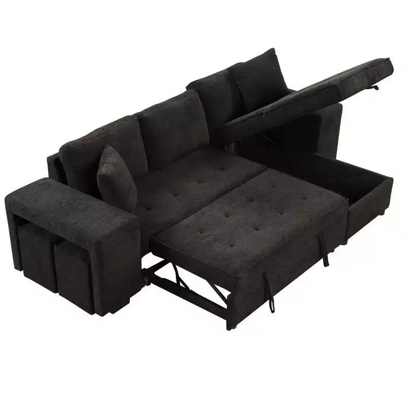 104.5 Reversible L-Shape Sectional Sleeper Sofa with Storage Chaise & 2 Stools - Convertible 3-Seat Sofa Bed for Living Room