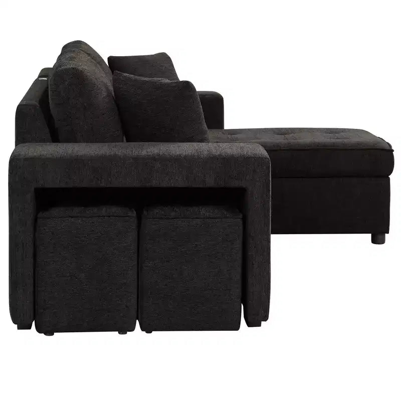 104.5 Reversible L-Shape Sectional Sleeper Sofa with Storage Chaise & 2 Stools - Convertible 3-Seat Sofa Bed for Living Room