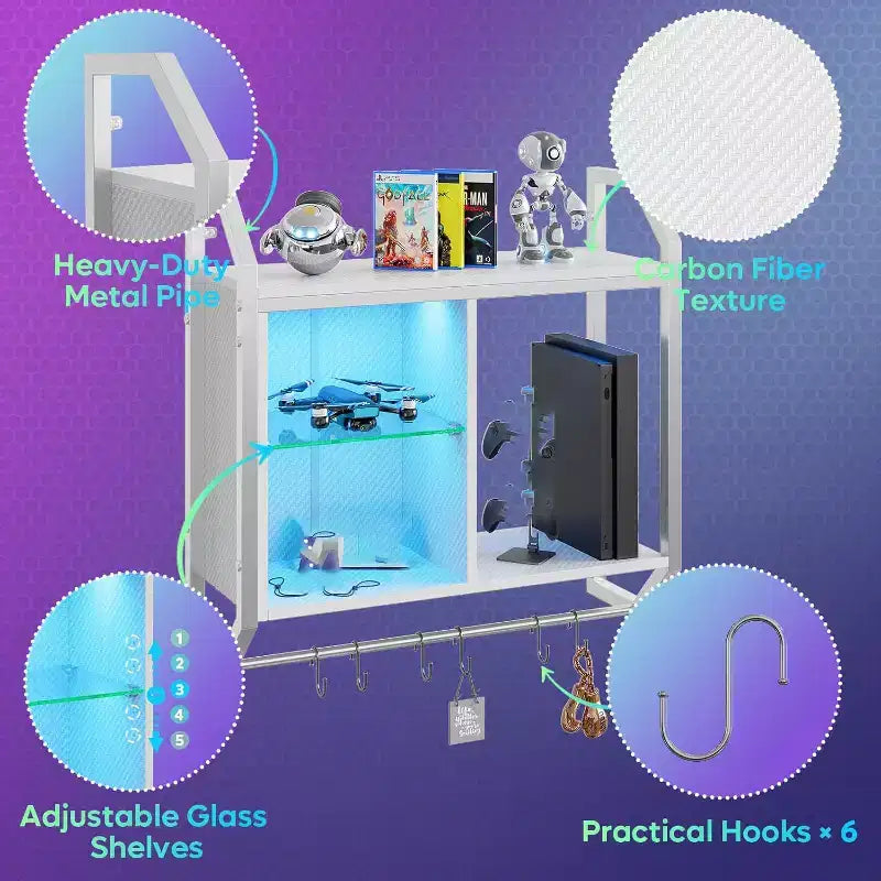 Bestier 25 LED Floating Shelves, Gaming Wall Mounted Shelf with Adjustable Glass Shelves, Gaming Room Decor Storage Kitchen Wine Coffee Bar