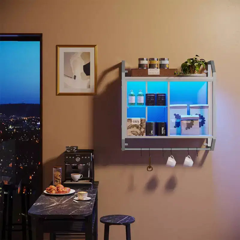 Bestier 25 LED Floating Shelves, Gaming Wall Mounted Shelf with Adjustable Glass Shelves, Gaming Room Decor Storage Kitchen Wine Coffee Bar