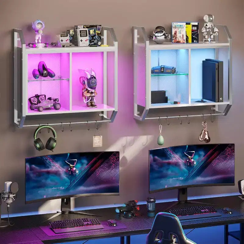 Bestier 25 LED Floating Shelves, Gaming Wall Mounted Shelf with Adjustable Glass Shelves, Gaming Room Decor Storage Kitchen Wine Coffee Bar
