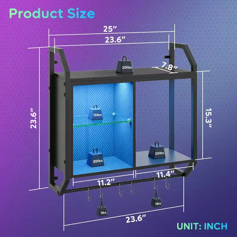 Bestier 25 LED Floating Shelves, Gaming Wall Mounted Shelf with Adjustable Glass Shelves, Gaming Room Decor Storage Kitchen Wine Coffee Bar