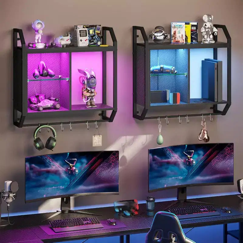 Bestier 25 LED Floating Shelves, Gaming Wall Mounted Shelf with Adjustable Glass Shelves, Gaming Room Decor Storage Kitchen Wine Coffee Bar