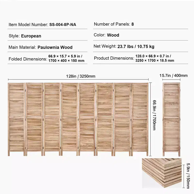 VEVOR Wood Room Divider, 8 Panel Wood Folding Privacy Screen, 66.9 Inches Tall Indoor Louvered Partition Divider, Portable Decoration Screen