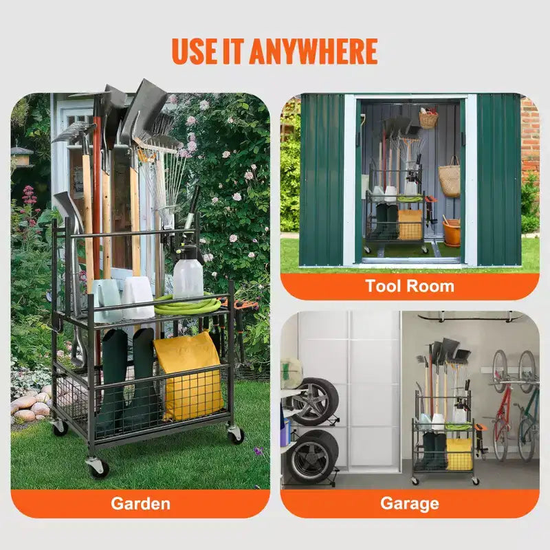 VEVOR Garden Tool Organizer, 16 Slots with Hooks, Yard Tool Tower Rack with Wheels for Garage Organization and Storage, Hold Long-Handled Tool/Rake