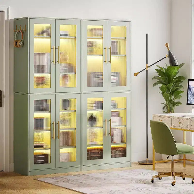 MAYEERTY LED-Lit White Bookcase, Remote-Controlled RGB Light Acrylic Door Display Cabinet