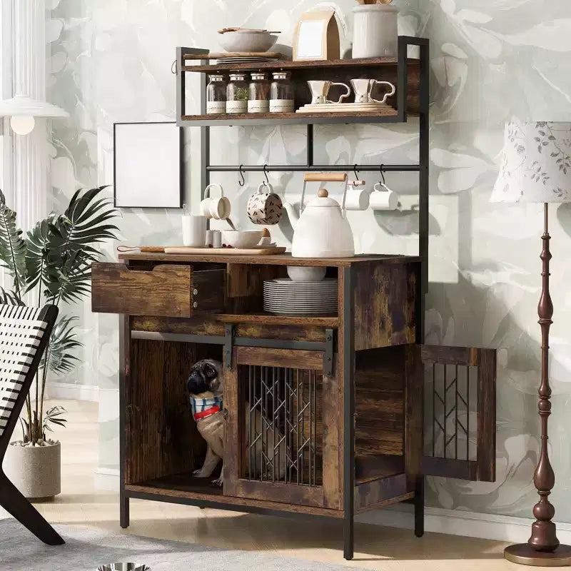 Dog Crate Furniture With Storage Shelves, Pet Friendly Kitchen Baker's Rack with Pet Crate, Dog Cage Coffee Bar Cabinet for Living Room Entryway