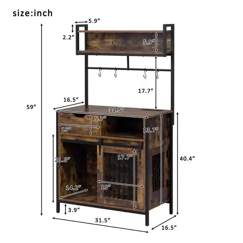Dog Crate Furniture With Storage Shelves, Pet Friendly Kitchen Baker's Rack with Pet Crate, Dog Cage Coffee Bar Cabinet for Living Room Entryway