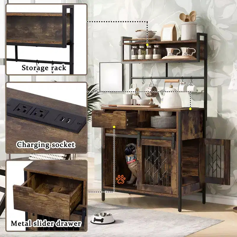 Dog Crate Furniture With Storage Shelves, Pet Friendly Kitchen Baker's Rack with Pet Crate, Dog Cage Coffee Bar Cabinet for Living Room Entryway