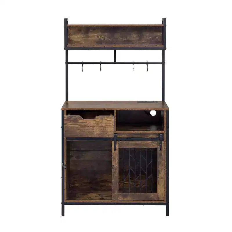 Dog Crate Furniture With Storage Shelves, Pet Friendly Kitchen Baker's Rack with Pet Crate, Dog Cage Coffee Bar Cabinet for Living Room Entryway