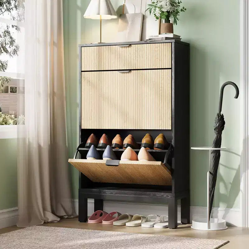 Garvee Shoe Storage Cabinet with 2/3/4 Flip Drawers,Farmhouse Fluted Shoe Organizer,Freestanding Hidden Slim Narrow Shoe Rack for Entryway,Foyer