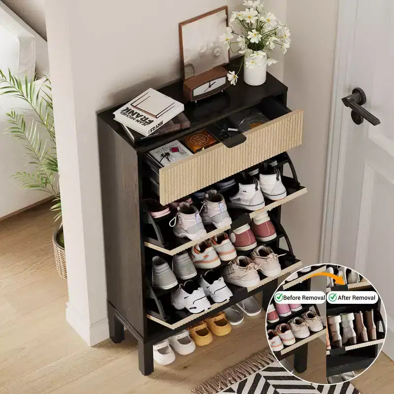 Garvee Shoe Storage Cabinet with 2/3/4 Flip Drawers,Farmhouse Fluted Shoe Organizer,Freestanding Hidden Slim Narrow Shoe Rack for Entryway,Foyer