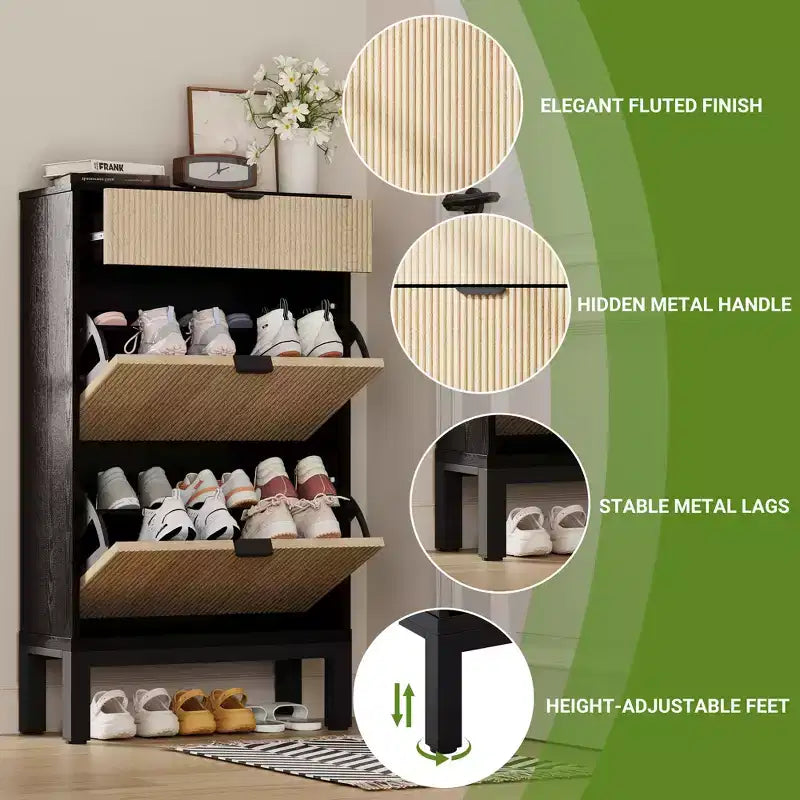 Garvee Shoe Storage Cabinet with 2/3/4 Flip Drawers,Farmhouse Fluted Shoe Organizer,Freestanding Hidden Slim Narrow Shoe Rack for Entryway,Foyer