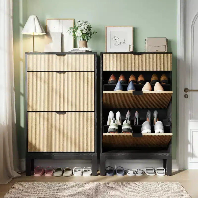 Garvee Shoe Storage Cabinet with 2/3/4 Flip Drawers,Farmhouse Fluted Shoe Organizer,Freestanding Hidden Slim Narrow Shoe Rack for Entryway,Foyer