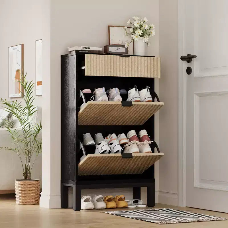 Garvee Shoe Storage Cabinet with 2/3/4 Flip Drawers,Farmhouse Fluted Shoe Organizer,Freestanding Hidden Slim Narrow Shoe Rack for Entryway,Foyer