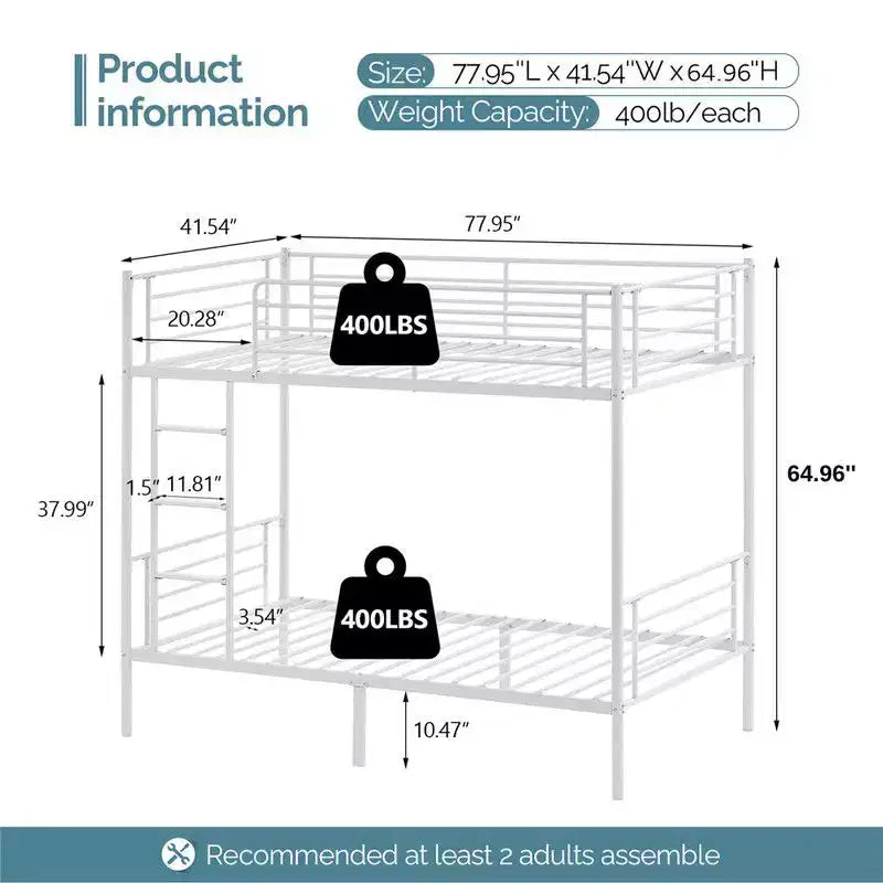 Karl Home White Twin Over Twin Bunk Bed for Kids/Adults with Stairs Flat Rungs