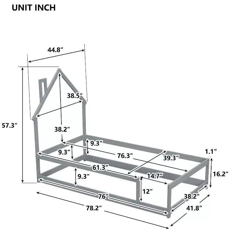 Okak Twin Size House-shaped Headboard Floor Bed with Safety Fences, Modern Wood Low-Profile Bed Frame for Home Use