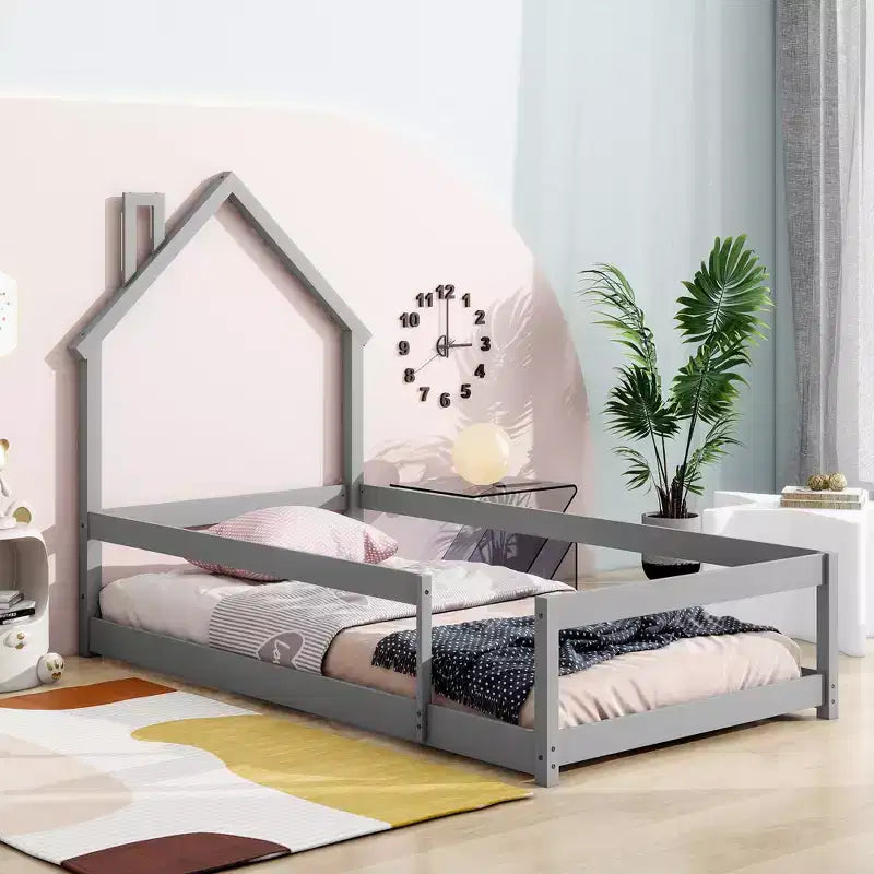 Okak Twin Size House-shaped Headboard Floor Bed with Safety Fences, Modern Wood Low-Profile Bed Frame for Home Use