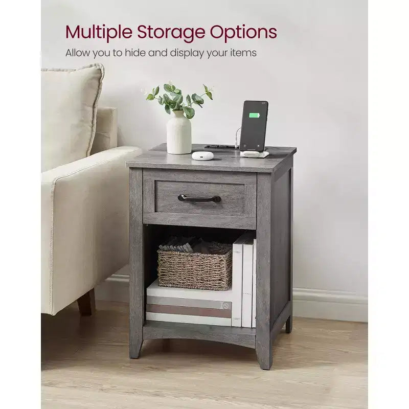 LIRY 2-Piece Farmhouse Nightstand Set with USB Charging Station, Drawer & Open Shelf, Bedside Table for Home Decor, Misty Gray