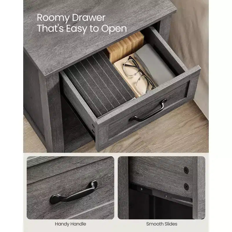 LIRY 2-Piece Farmhouse Nightstand Set with USB Charging Station, Drawer & Open Shelf, Bedside Table for Home Decor, Misty Gray