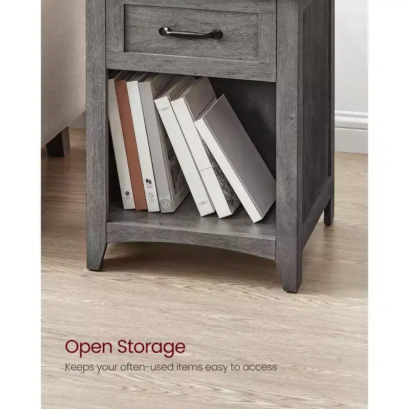 LIRY 2-Piece Farmhouse Nightstand Set with USB Charging Station, Drawer & Open Shelf, Bedside Table for Home Decor, Misty Gray