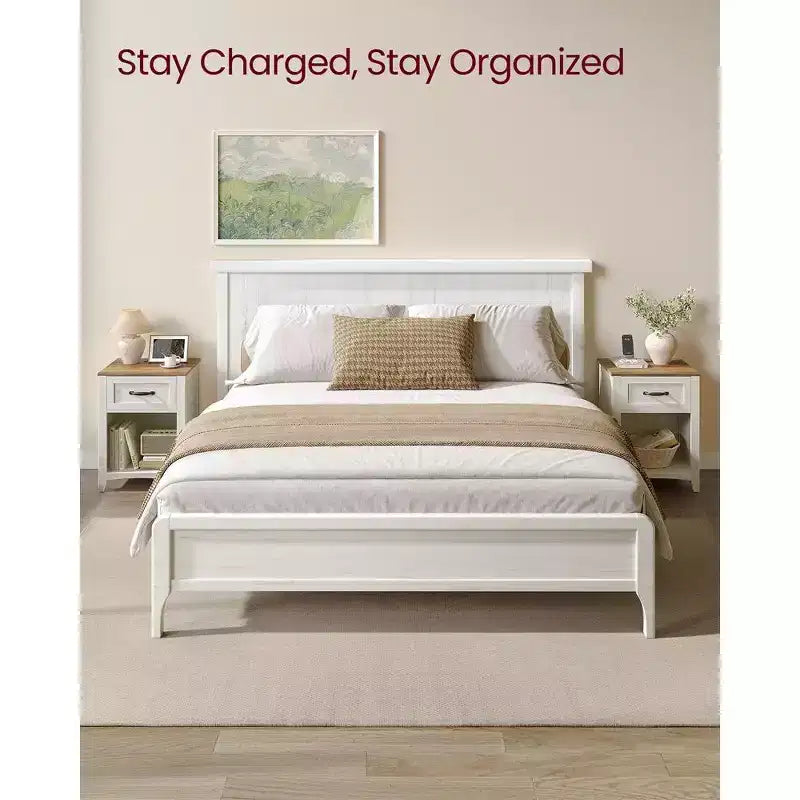 LIRY 2-Piece Farmhouse Nightstand Set with USB Charging Station, Drawer & Open Shelf, Bedside Table for Home Decor, Misty Gray