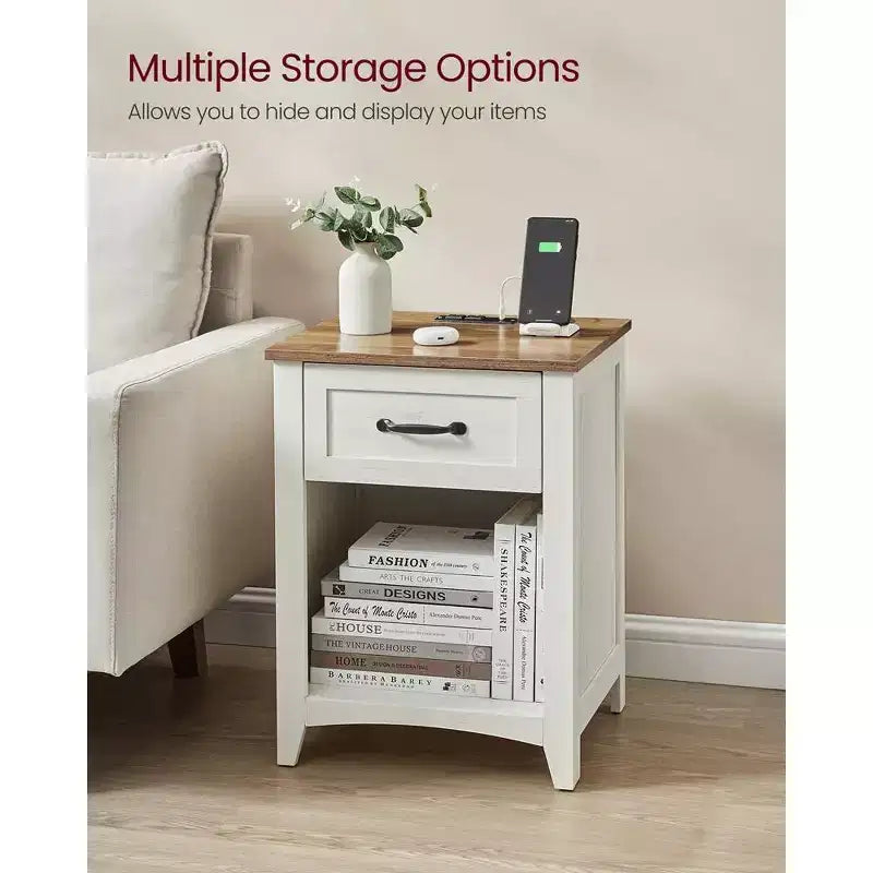 LIRY 2-Piece Farmhouse Nightstand Set with USB Charging Station, Drawer & Open Shelf, Bedside Table for Home Decor, Misty Gray