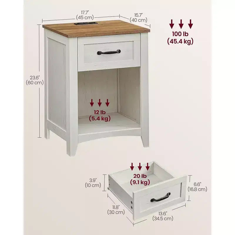 LIRY 2-Piece Farmhouse Nightstand Set with USB Charging Station, Drawer & Open Shelf, Bedside Table for Home Decor, Misty Gray