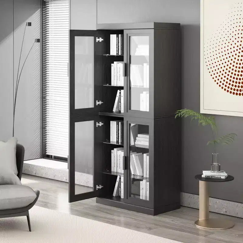 72x31x16 Wood Accent Sideboard Cabinet in Black, Storage Organizer with Adjustable Shelves and Glass Doors for Kitchen Bedroom Living/Dinning Room