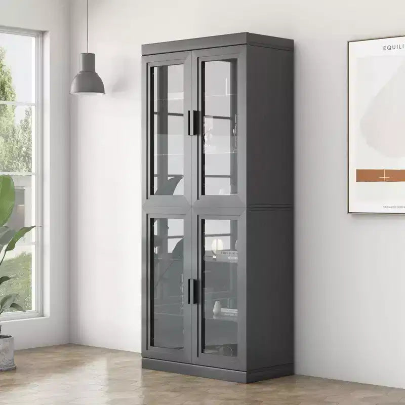 72x31x16 Wood Accent Sideboard Cabinet in Black, Storage Organizer with Adjustable Shelves and Glass Doors for Kitchen Bedroom Living/Dinning Room