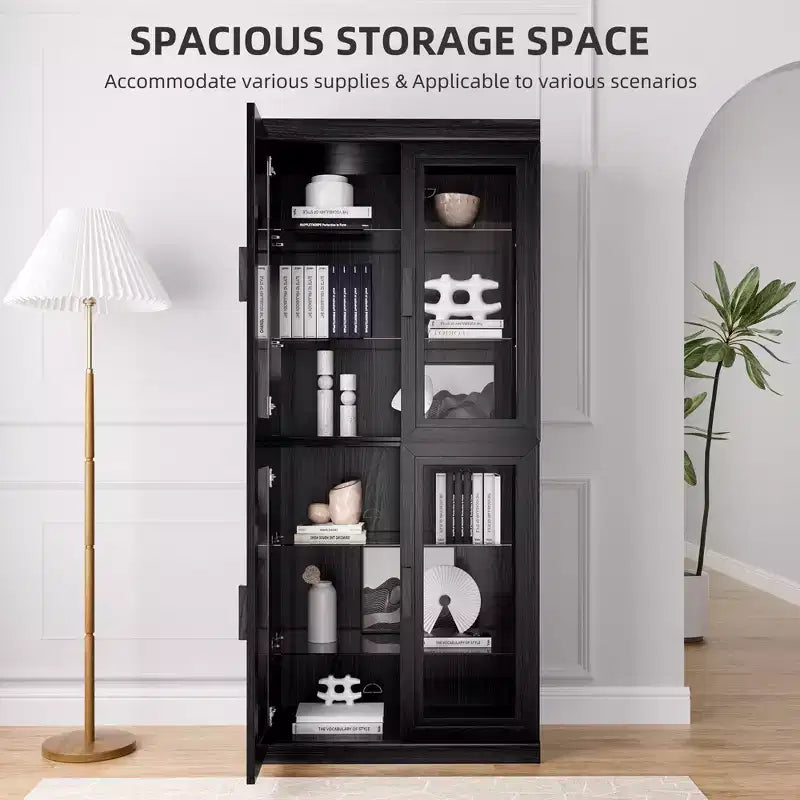 72x31x16 Wood Accent Sideboard Cabinet in Black, Storage Organizer with Adjustable Shelves and Glass Doors for Kitchen Bedroom Living/Dinning Room
