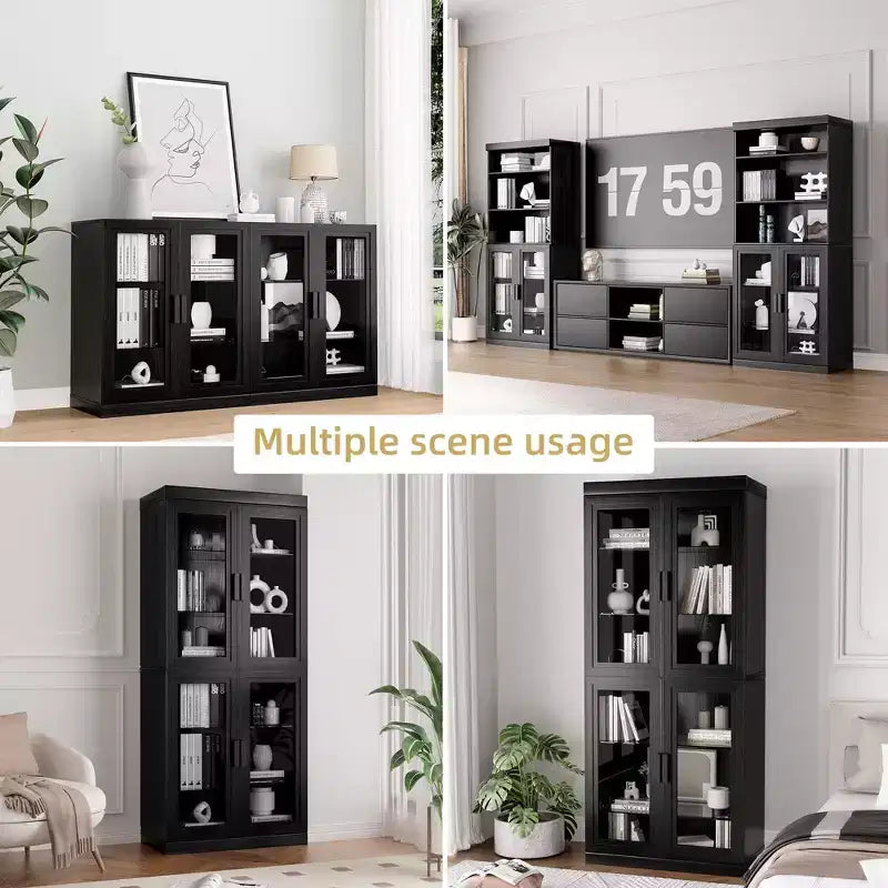 72x31x16 Wood Accent Sideboard Cabinet in Black, Storage Organizer with Adjustable Shelves and Glass Doors for Kitchen Bedroom Living/Dinning Room