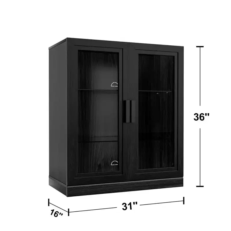 72x31x16 Wood Accent Sideboard Cabinet in Black, Storage Organizer with Adjustable Shelves and Glass Doors for Kitchen Bedroom Living/Dinning Room
