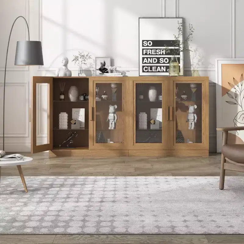 31x62x16 Wood Accent Cabinet, Storage Organizer with Adjustable Shelves and Glass Doors for Kitchen Bedroom Entryway Living Room Dinning Room
