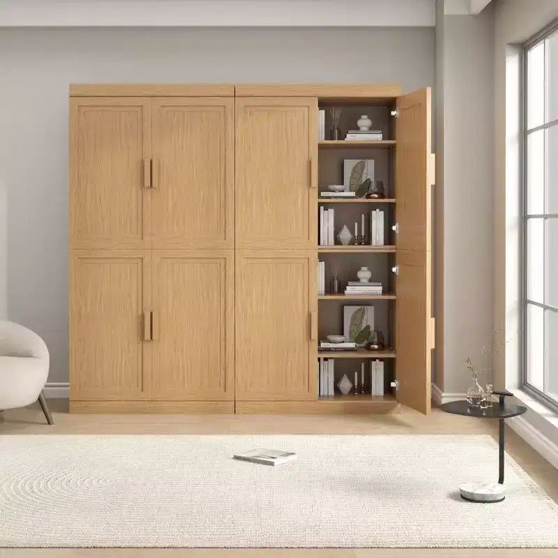 62x62x16 Wood Accent Cabinet in Natural Color, Storage Organizer with Adjustable Shelves for Kitchen Bedroom Entryway Living Room Dinning Room