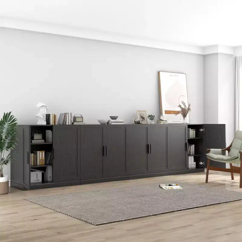 31x124x16 Wood Accent Cabinet in Black, Storage Organizer with Adjustable Shelves for Kitchen Bedroom Entryway Living Room Dinning Room