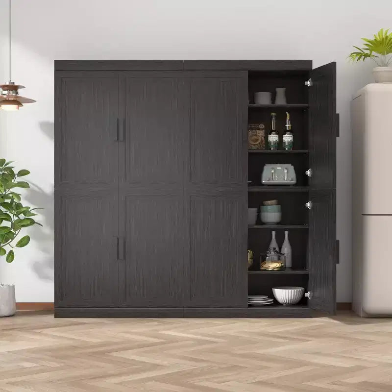 31x124x16 Wood Accent Cabinet in Black, Storage Organizer with Adjustable Shelves for Kitchen Bedroom Entryway Living Room Dinning Room