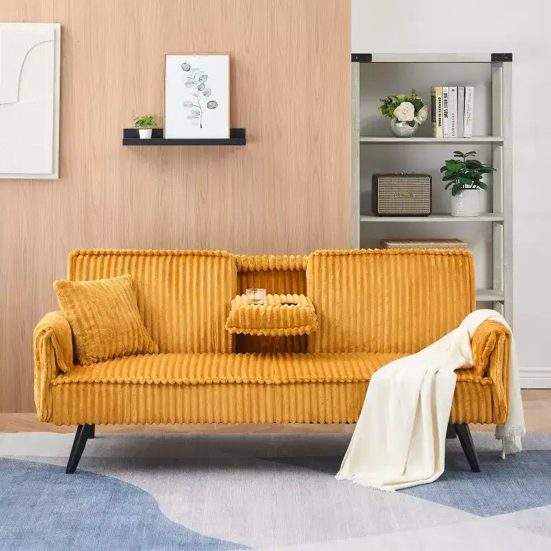 Okak Minimalist Sofa Couches for Living Room Convertible Loveseat Sofa Bed Straight-line Corduroy with Adjustable Backrest & Cup Holder