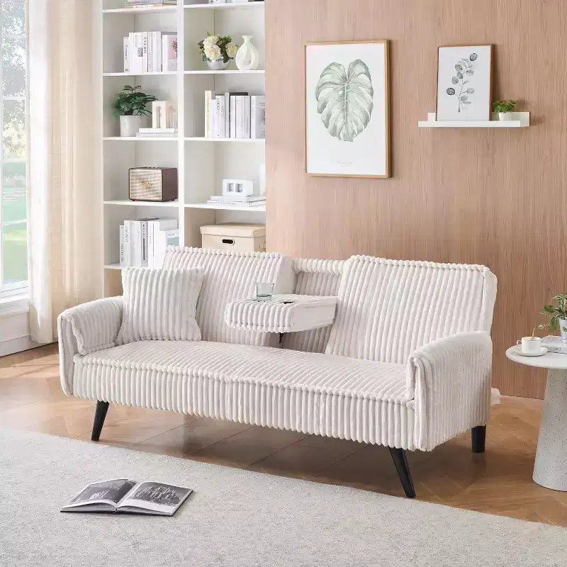 Okak Minimalist Sofa Couches for Living Room Convertible Loveseat Sofa Bed Straight-line Corduroy with Adjustable Backrest & Cup Holder