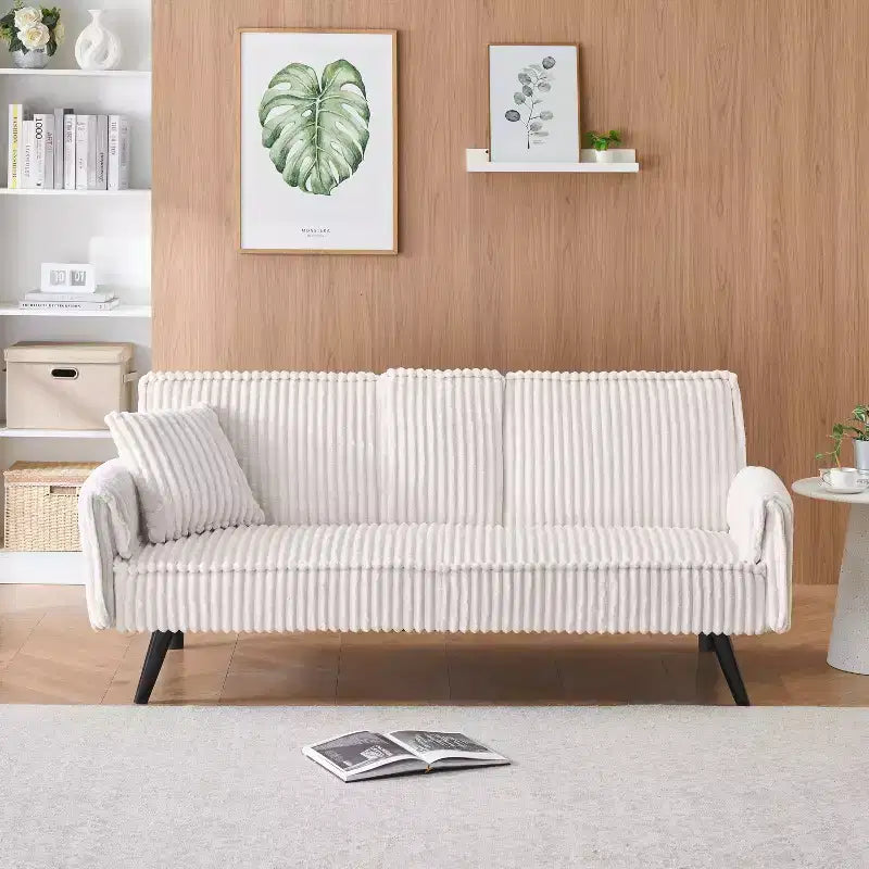 Okak Minimalist Sofa Couches for Living Room Convertible Loveseat Sofa Bed Straight-line Corduroy with Adjustable Backrest & Cup Holder