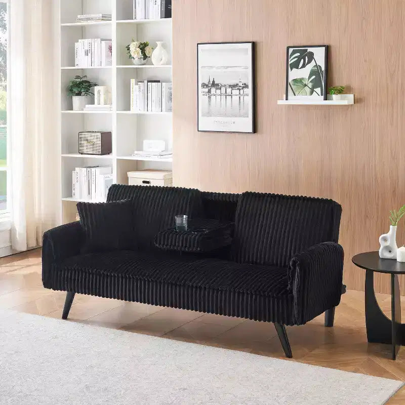 Okak Minimalist Sofa Couches for Living Room Convertible Loveseat Sofa Bed Straight-line Corduroy with Adjustable Backrest & Cup Holder