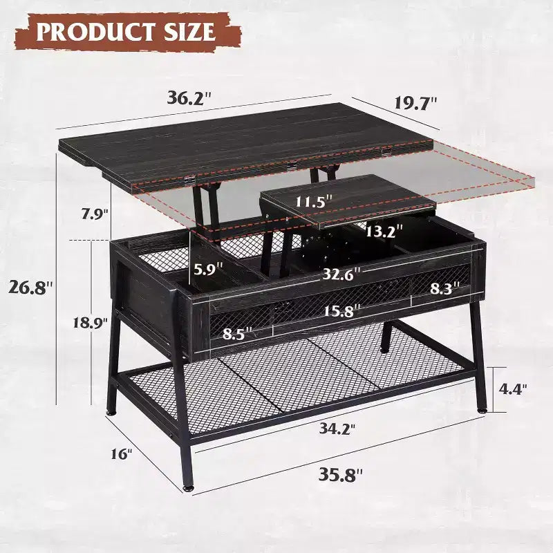 GALAXHERO 3-in-1 Lift Top Coffee Table with Hidden Compartment, Multi-Function Coffee Table Converts to Dining Table for Living Room Charcoal Black