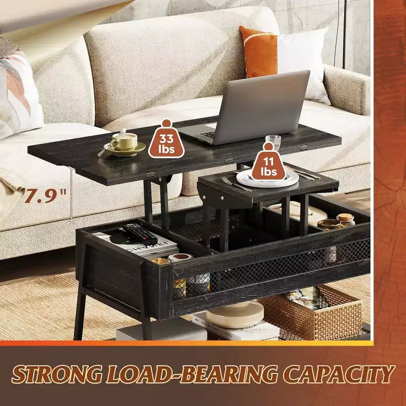 GALAXHERO 3-in-1 Lift Top Coffee Table with Hidden Compartment, Multi-Function Coffee Table Converts to Dining Table for Living Room Charcoal Black